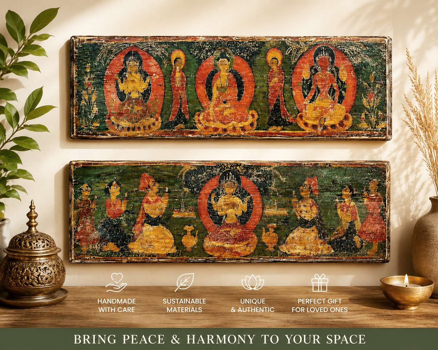 Tibetan Buddhist artwork, Rustic wood decor
