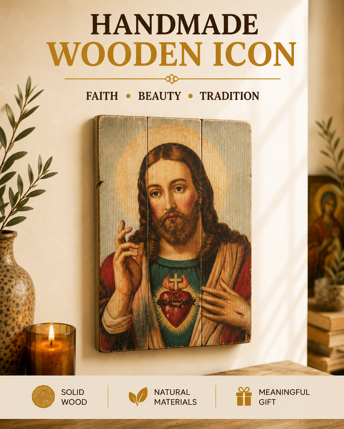Jesus Christ icon 2, Wood Greek Orthodox, Wood plaque, Religious icon