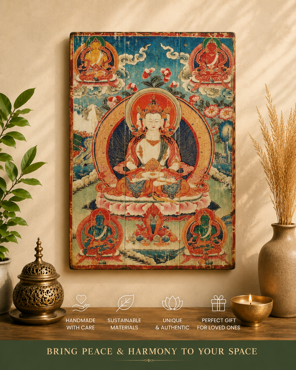 Buddha wall art, Rustic wood decor with burnt edges