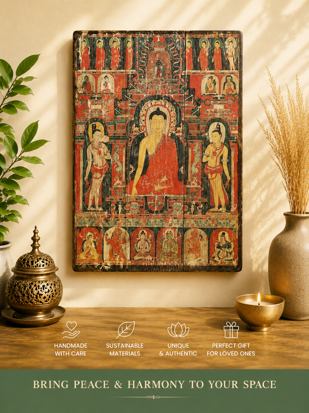 Buddha wall art, Rustic wood decor with burnt edges