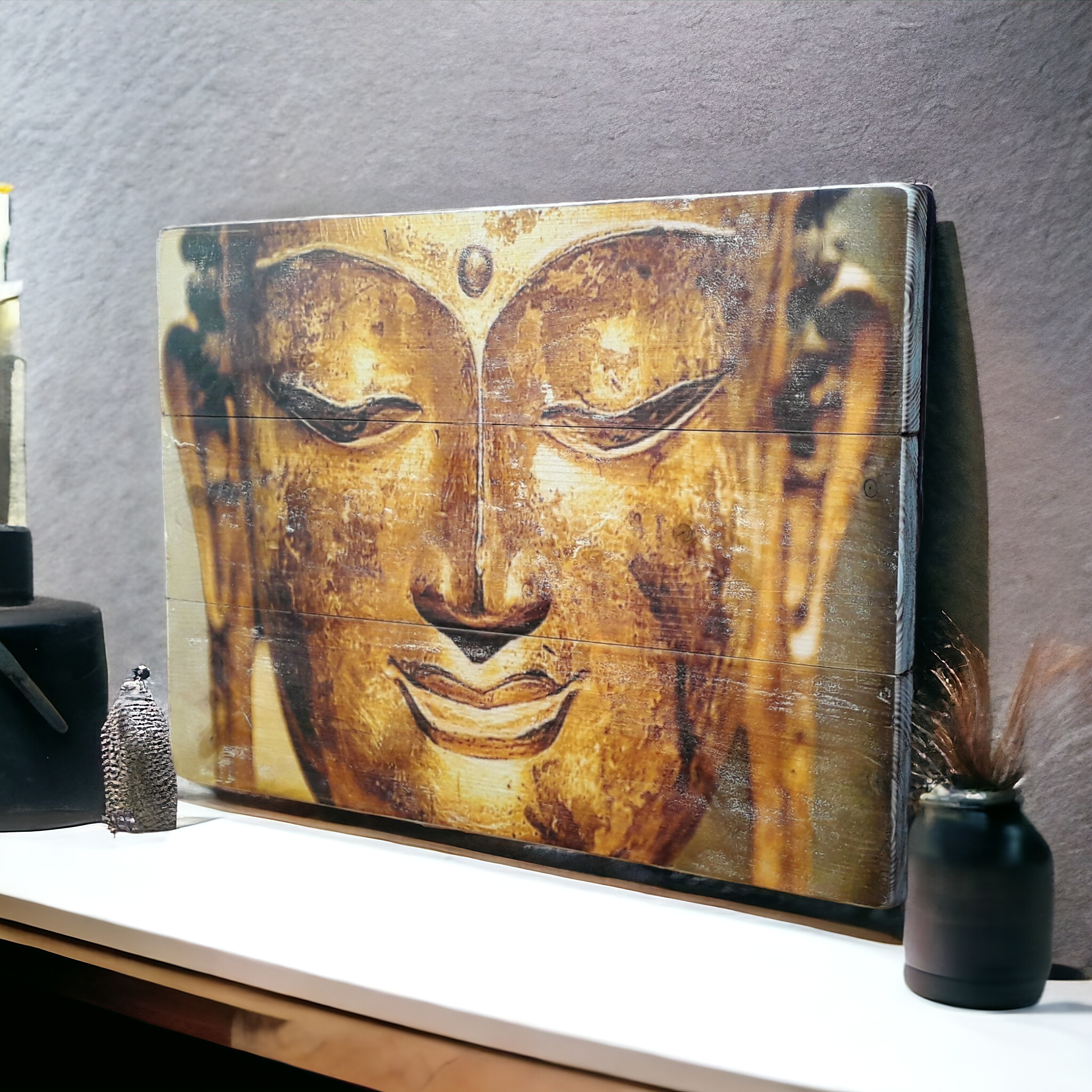 Buddha wall art, Rustic wood decor with burnt edges