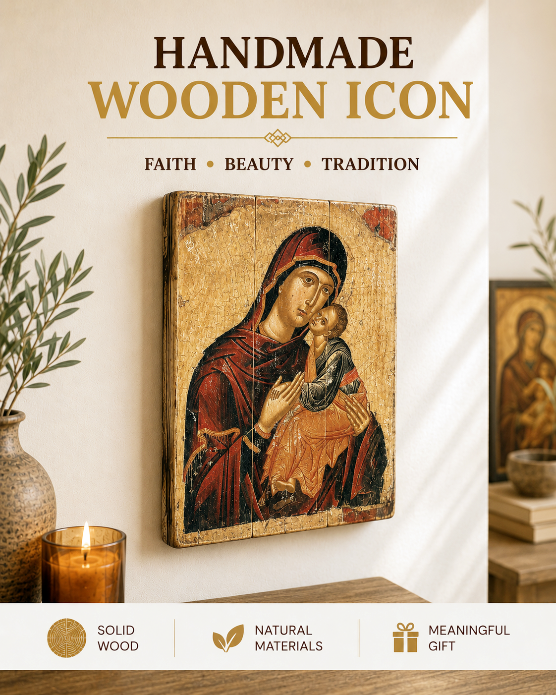 Virgin Mary Icon 3 Russian Religious Symbol, Antique Russian wood board