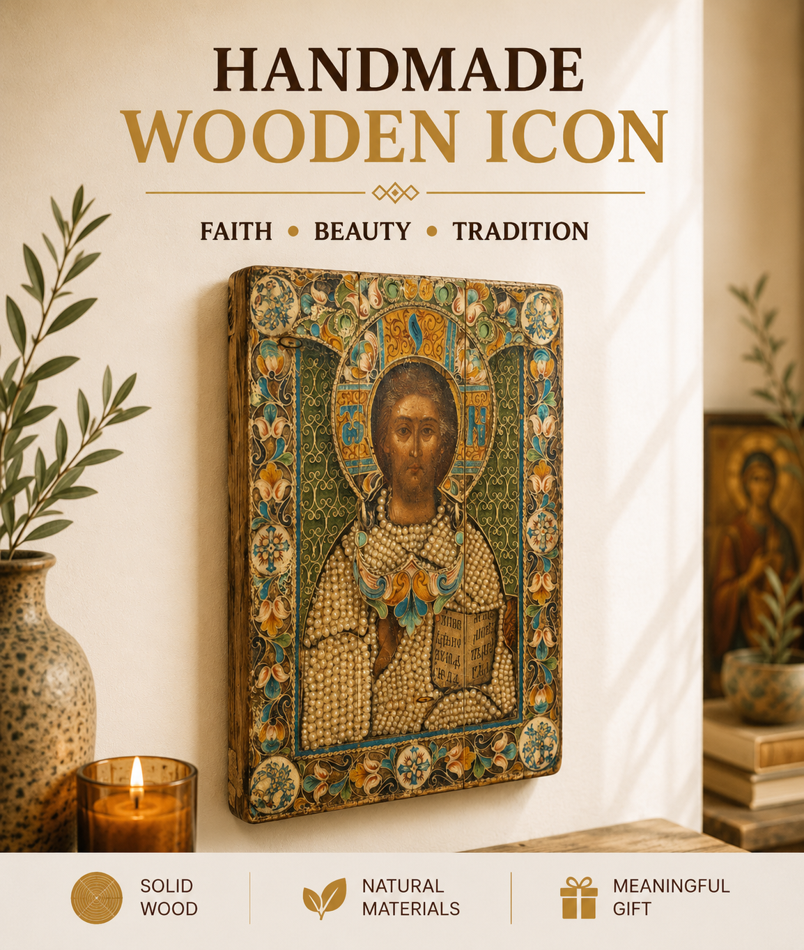 Jesus Christ icon 3, Wood Greek Orthodox, Wood plaque, Religious icon